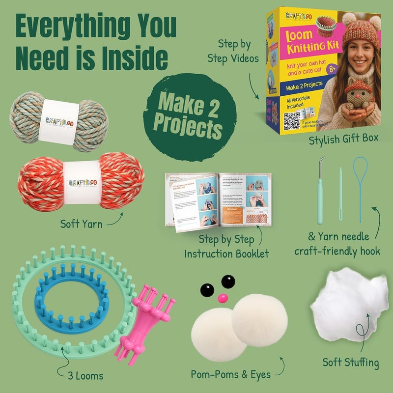 CRAFTILOO Knitting Kit for Kids – Beginner Knitting Kit to Make a Hat & Cat – Quick Knit Loom Kit with Yarn, Tools & Instructions - Image 5